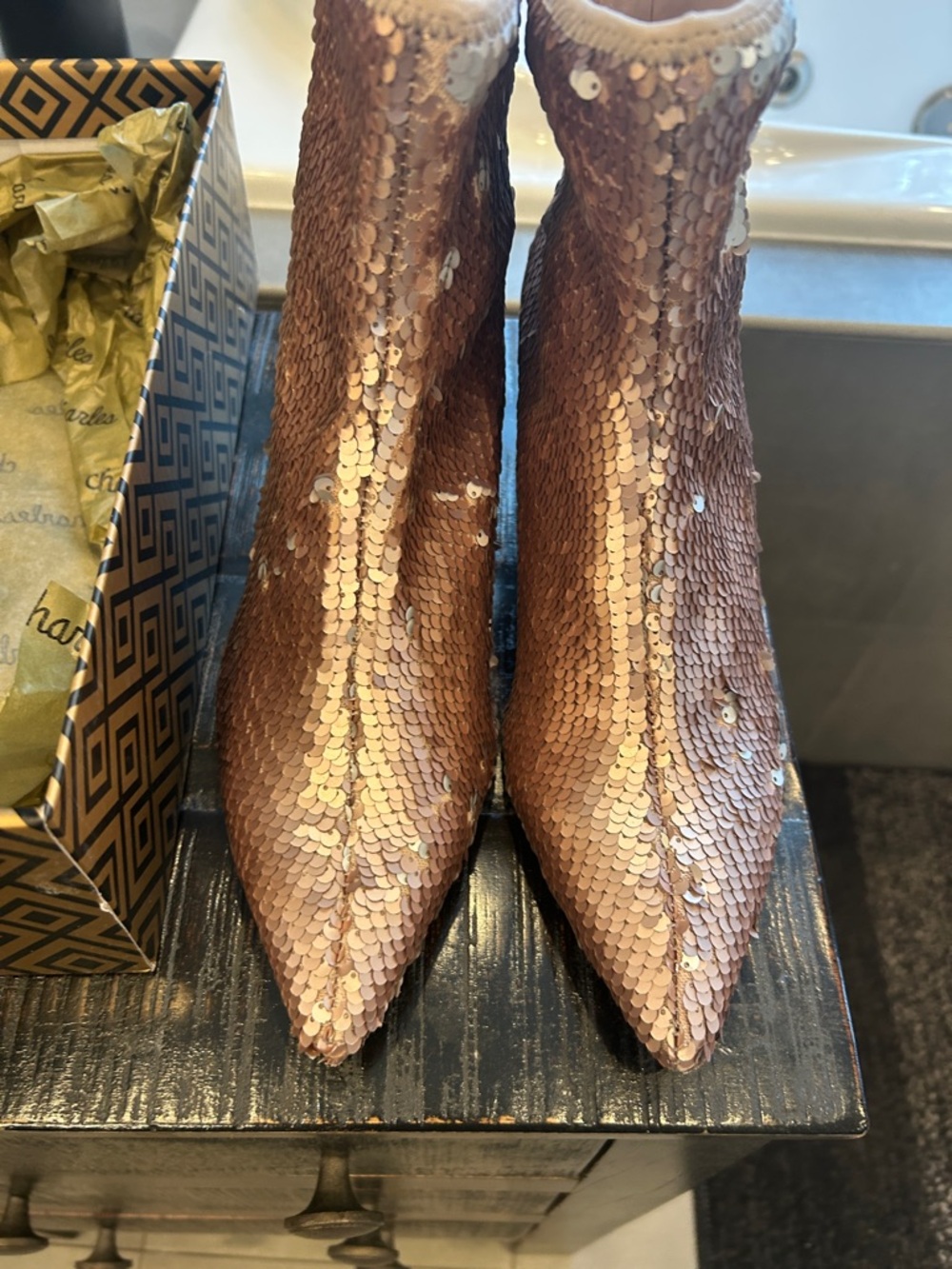 Charles David 6MM Amstel 3 Beige Sequined Stretch Ankle Boots - Picture 4 of 10